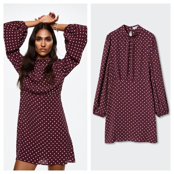 Mango MNG Flowy Polka Dot Mock Mini Dress Balloon Sleeve Burgundy Women's 12 NEW - Picture 1 of 9